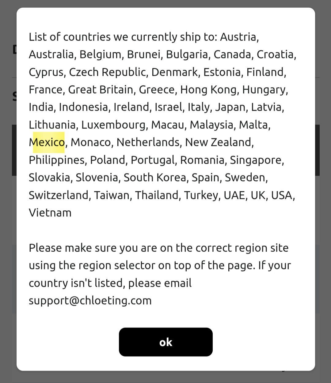 can't buy from Mexico on Chloe's shop?