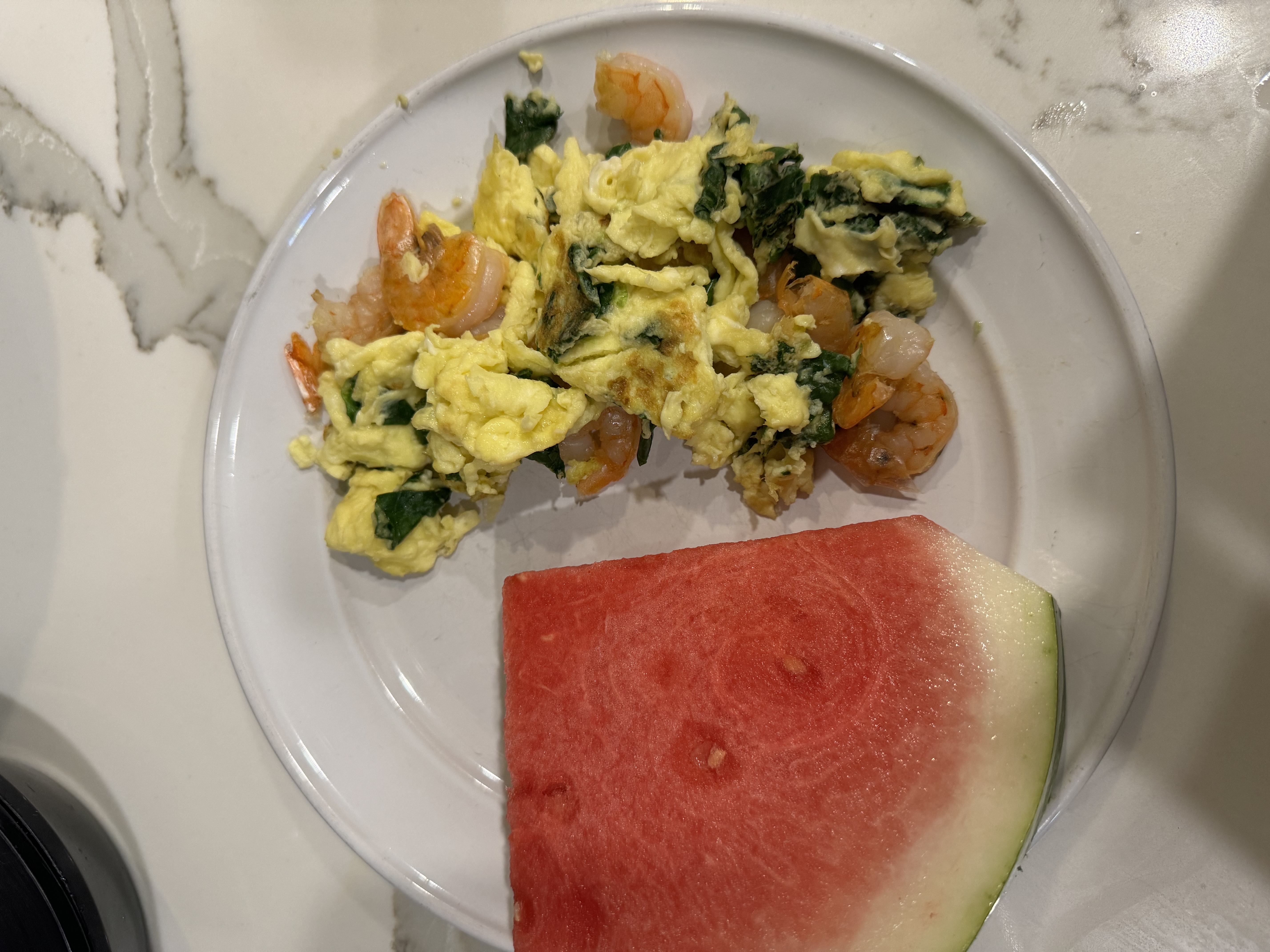 Scrambled Eggs w/ Shrimp and Spinach [Side of Watermelon]
