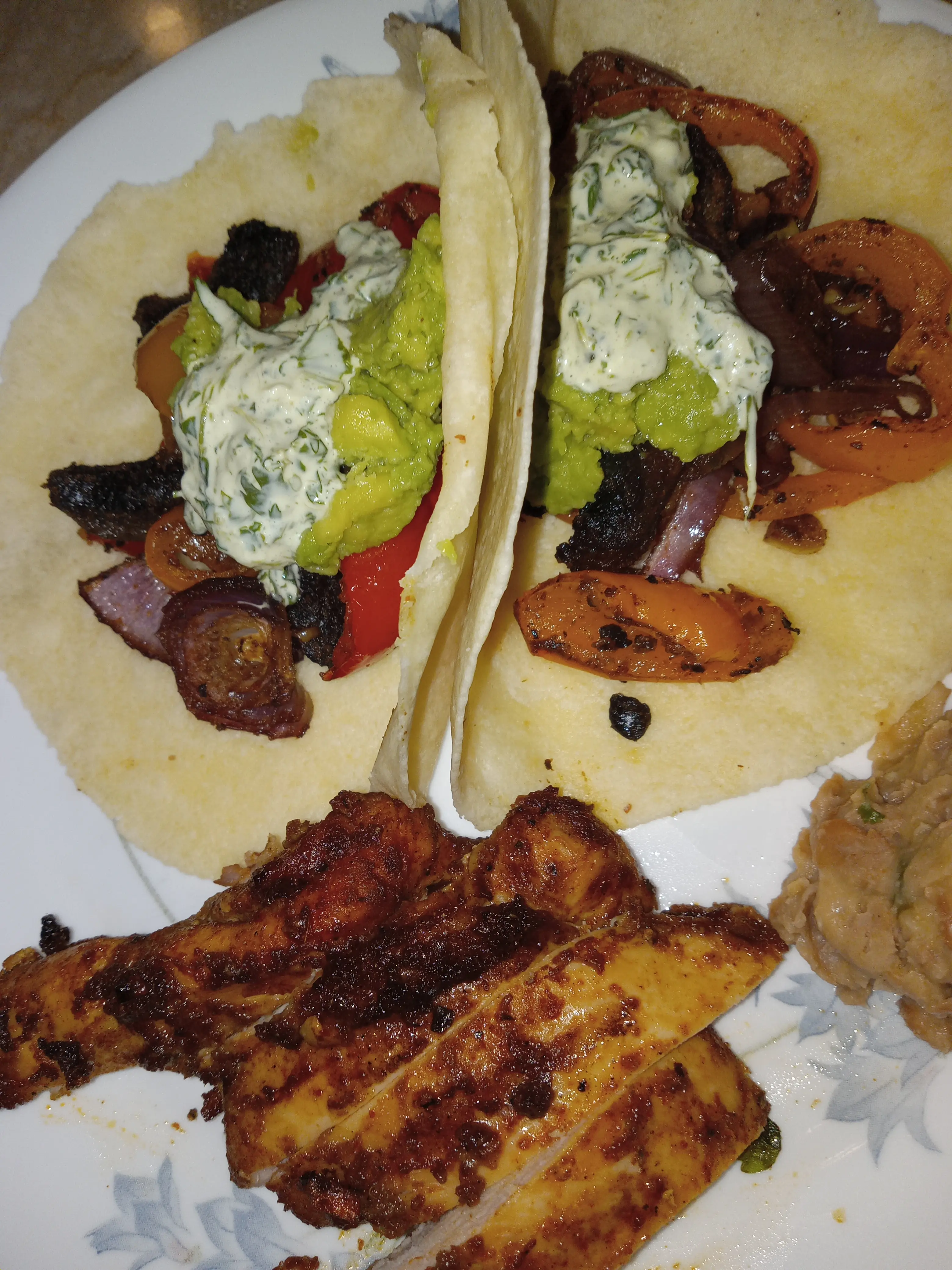 Veggie Fajias with grilled chicken and cilantro sauce