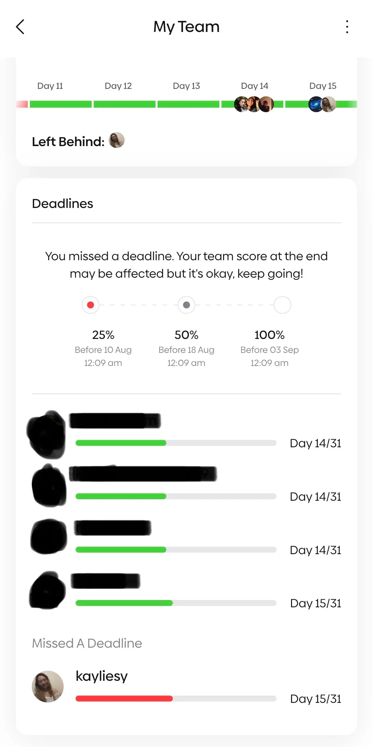 Team challenge deadlines